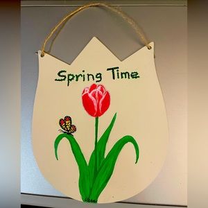 Hand crafted painted Spring Time sign metal garden wall door tulip butterfly